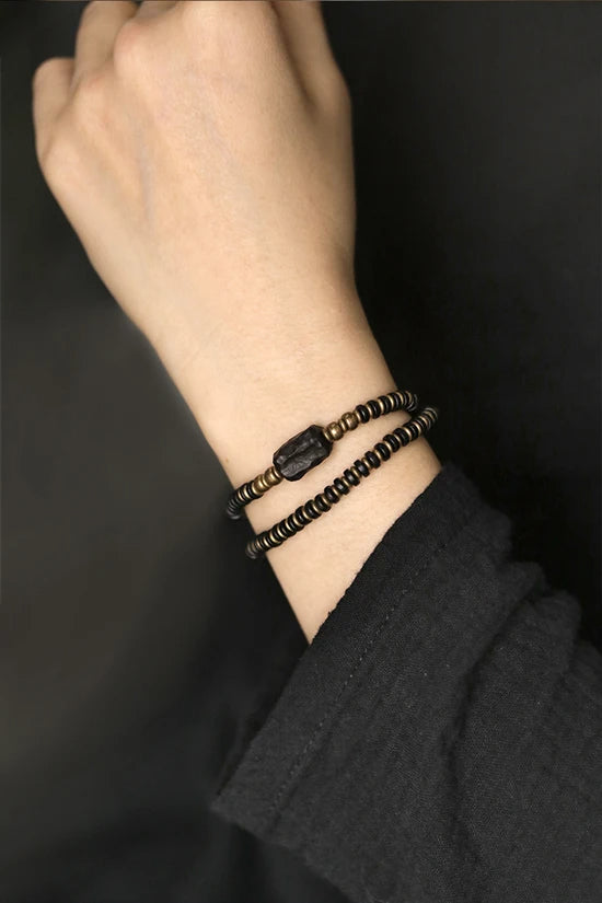 Multi Layer Vintage Ebony & Copper Beaded Bracelet Viva Timepiece    - 