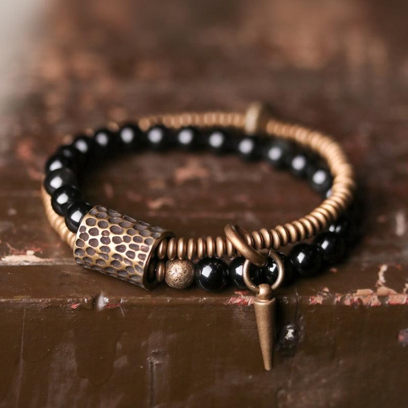 Black Obsidian Beads Hammered Copper Bracelet - Viva Timepiece -  - 