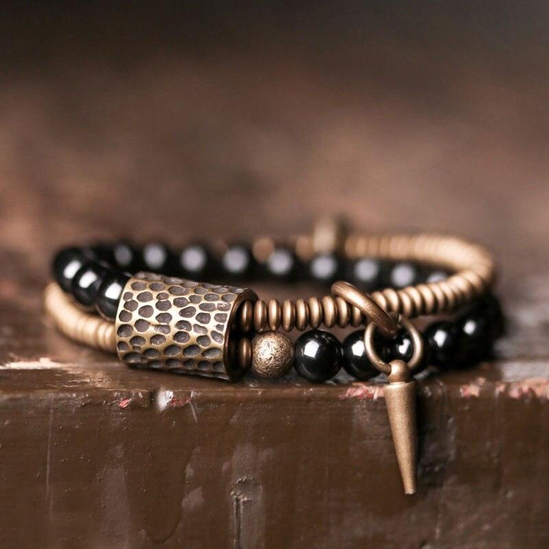 Black Obsidian Beads Hammered Copper Bracelet - Viva Timepiece -  - 