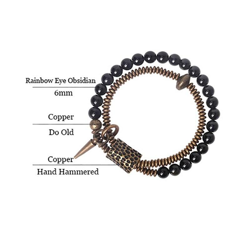 Black Obsidian Beads Hammered Copper Bracelet - Viva Timepiece -  - 