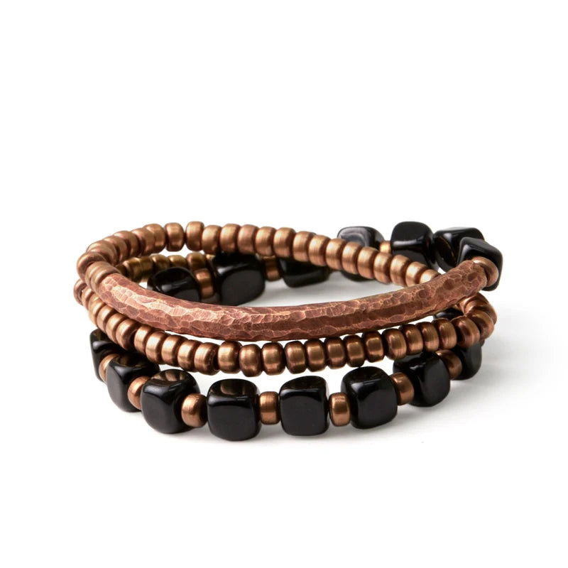 Black Onyx Beads Hammered Oxidized Copper Bracelet - Viva Timepiece -  - 