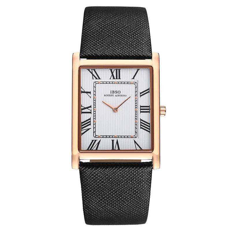 IBSO Ultra-Thin Rectangle Dial Men's Quartz Luxury Watch IBSO Roman White Rose Gold   - 1005003332348608-B2232B-WE-RG-BK