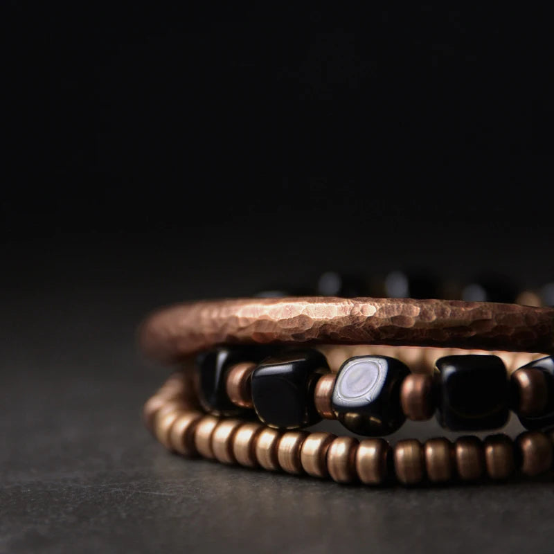 Black Onyx Beads Hammered Oxidized Copper Bracelet Viva Timepiece    - 