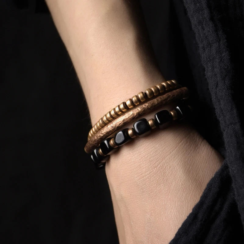 Black Onyx Beads Hammered Oxidized Copper Bracelet