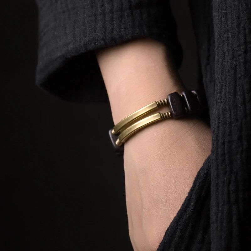 Vintage Unisex Ebony Wood & Copper Beaded Bracelet