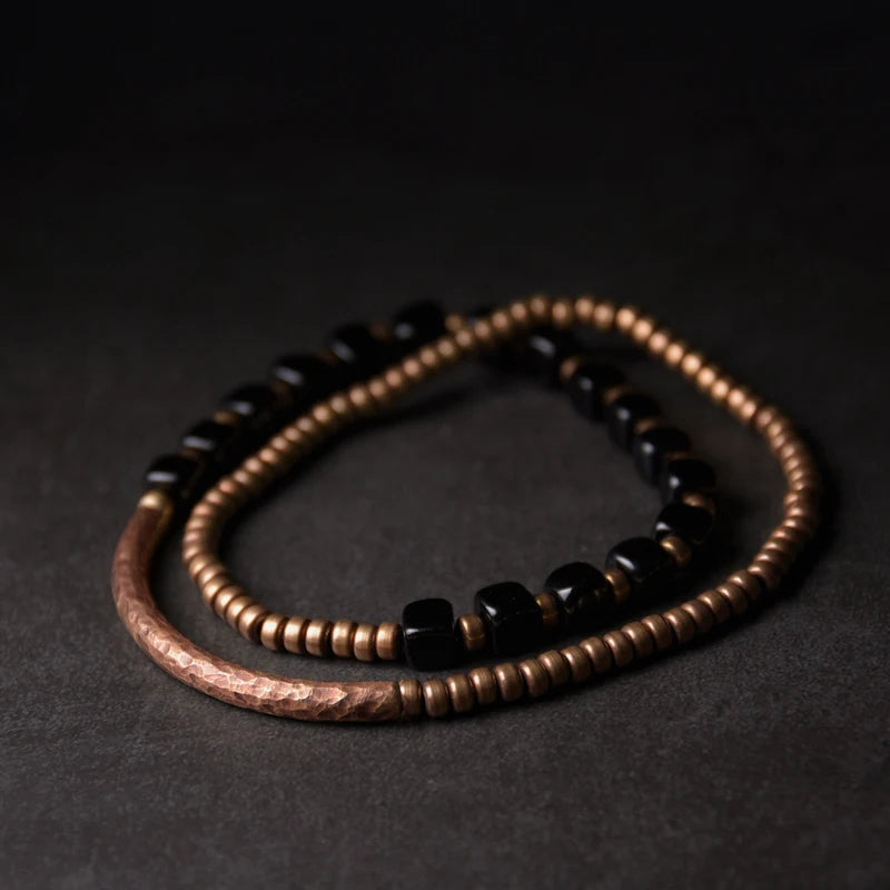 Black Onyx Beads Hammered Oxidized Copper Bracelet