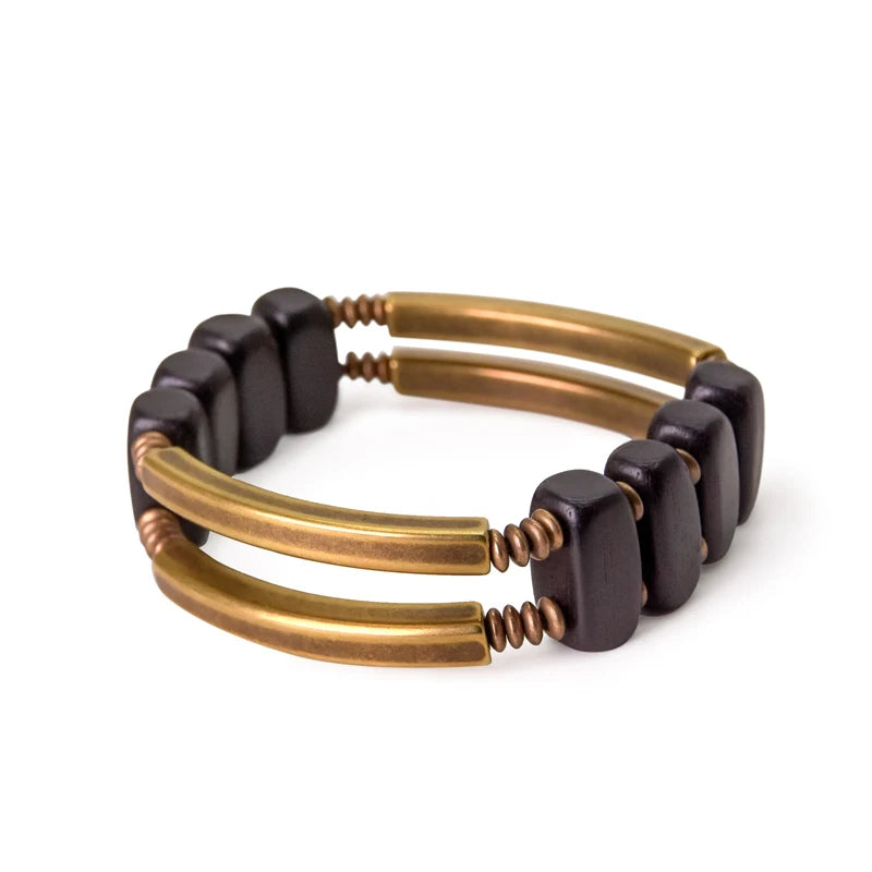 Vintage Unisex Ebony Wood & Copper Beaded Bracelet Reikinn    - 