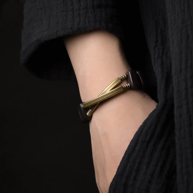 Vintage Unisex Ebony Wood & Copper Beaded Bracelet