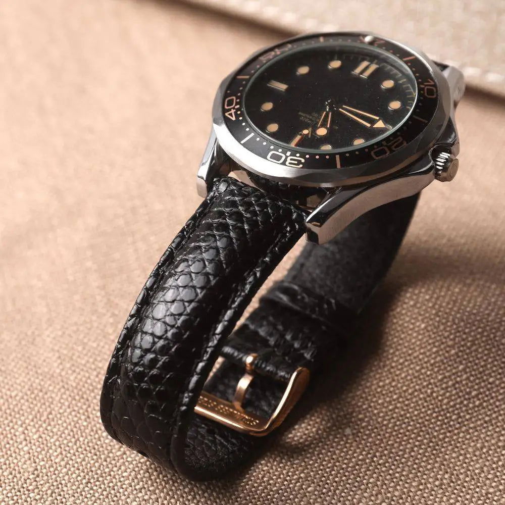 Handmade Lizard Leather Strap – 18MM, 20MM, 22MM Black Vintage Style - Viva Timepiece -  - 