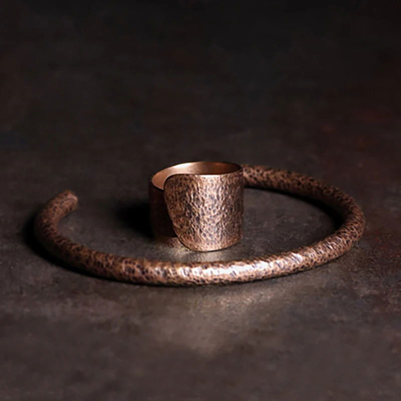 Rustic Oxidized Jewelry Set Cuff Solid Copper Bracelet & Ring - Viva Timepiece -  - 