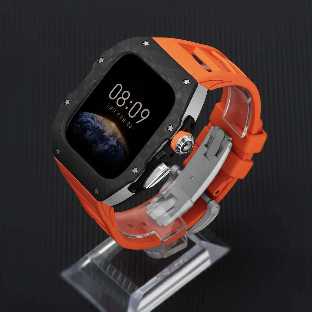 Luxury Carbon Fiber Case and Strap Mod Kit for Apple Watch Series 10 Sliver Orange Watch Accessories - Viva Timepiece