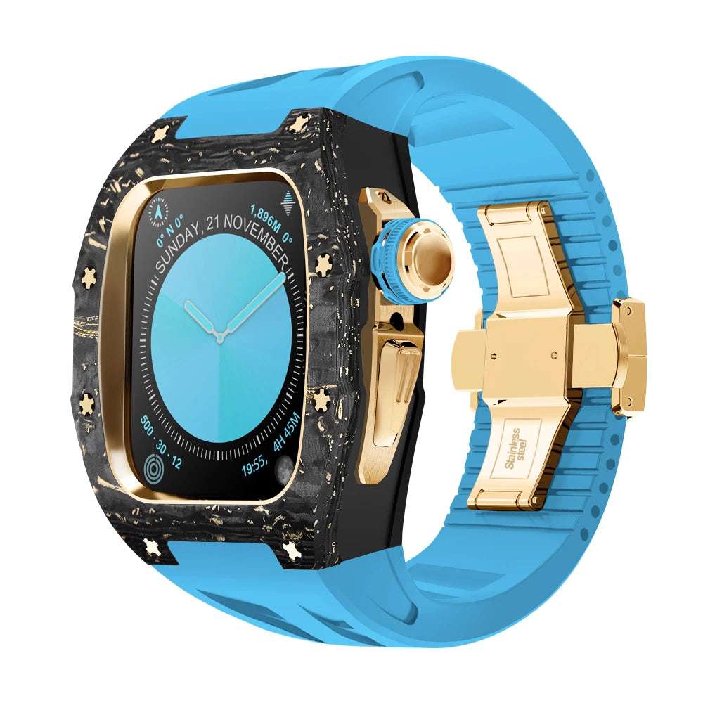 RX1046C Luxury Carbon Fiber Mod Kit For Apple Watch S10 (46mm) Gold-R Blue Strap S10 46mm Watch Accessories - Viva Timepiece