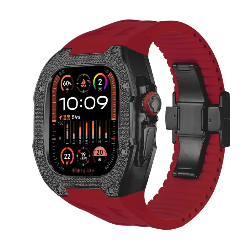 RM049Ti Diamond Titanium Mod Kit for Apple Watch Ultra 49mm B-B-Red Strap - Viva Timepiece | Viva Timepiece