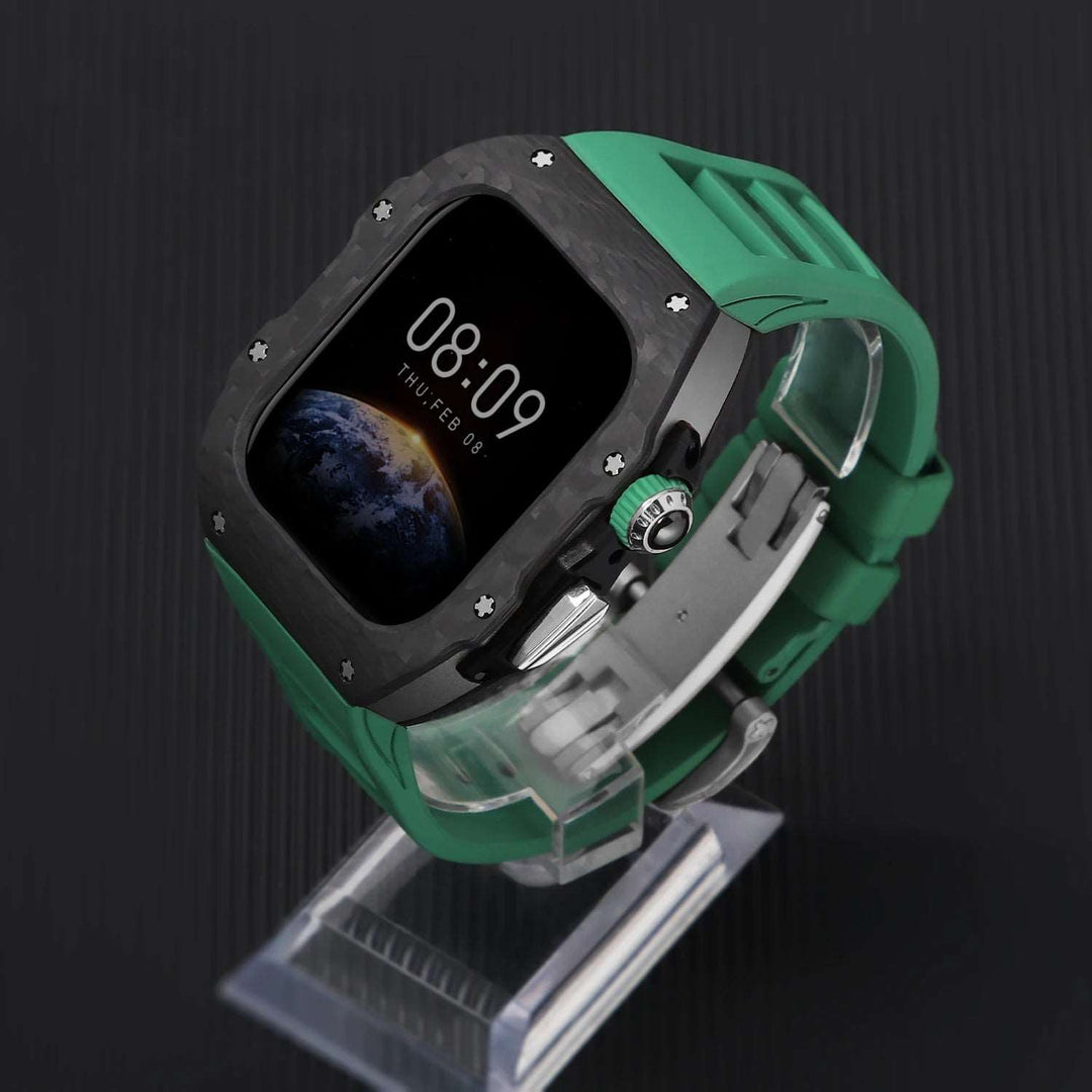 Luxury Carbon Fiber Case and Strap Mod Kit for Apple Watch Series 10 Sliver Green Watch Accessories - Viva Timepiece