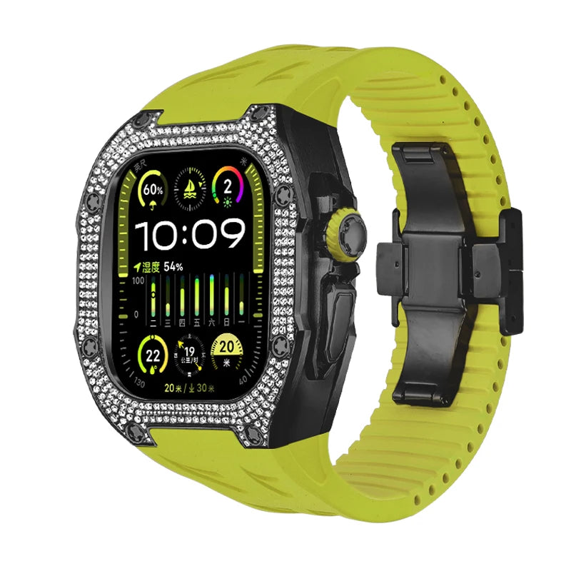 RM049Ti Diamond Titanium Mod Kit for Apple Watch Ultra 49mm B-W-Green Strap - Viva Timepiece | Viva Timepiece