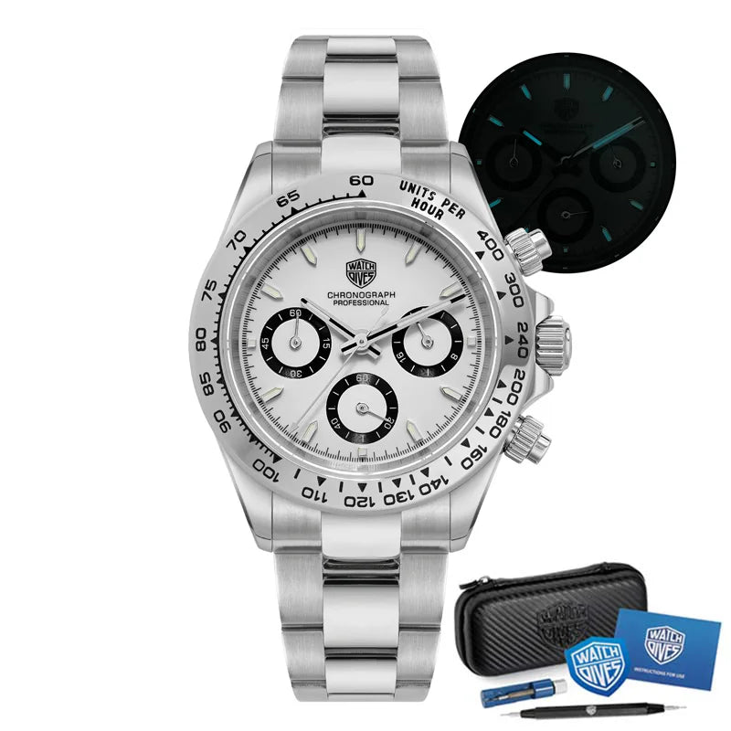 Watchdives WD16500 Chronograph VK63 Super Luminous Daytona Homage Watches Silver Bezel White Watches - Watchdives