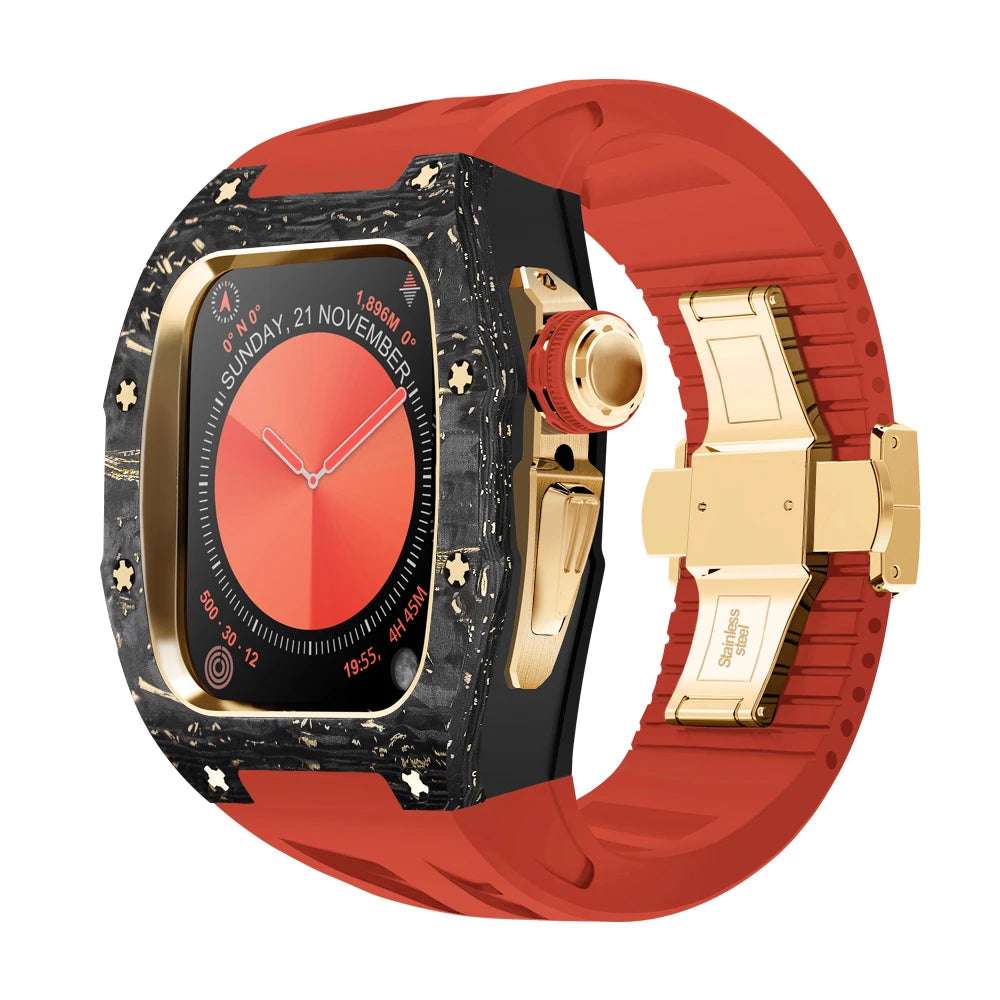 RX1046C Luxury Carbon Fiber Mod Kit For Apple Watch S10 (46mm) Gold-R Red Strap S10 46mm Watch Accessories - Viva Timepiece