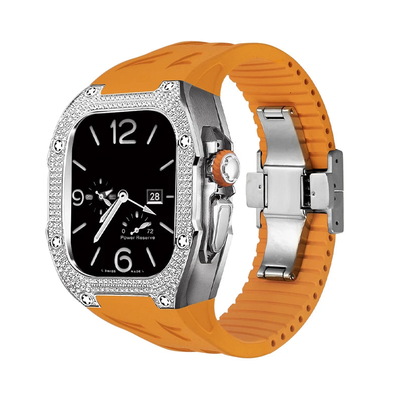 RM049Ti Diamond Titanium Mod Kit for Apple Watch Ultra 49mm Silver-Orange strap - Viva Timepiece | Viva Timepiece