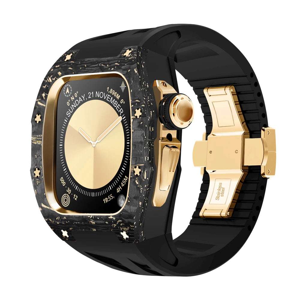 RX1046C Luxury Carbon Fiber Mod Kit For Apple Watch S10 (46mm) Gold-R BK Strap S10 46mm - Viva Timepiece | Viva Timepiece