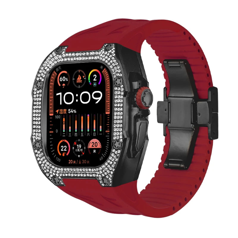 RM049Ti Diamond Titanium Mod Kit for Apple Watch Ultra 2 (49mm) B-W-Red Strap Watch Accessories - Viva Timepiece