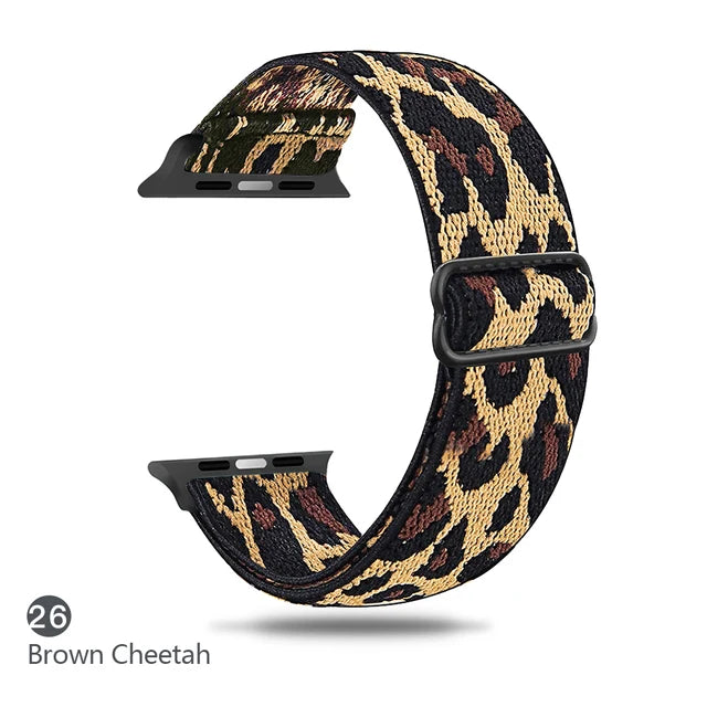 Scrunchie Adjustable Elastic Nylon Apple Watch Bands For All Series brown cheetah - VivaStraps | Viva Timepiece