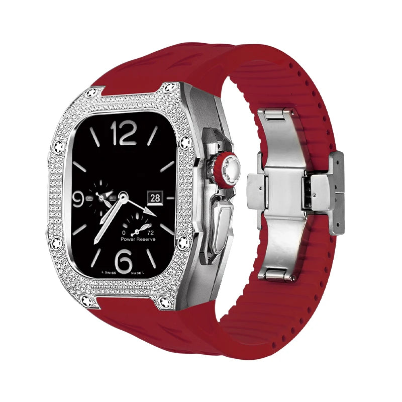 RM049Ti Diamond Titanium Mod Kit for Apple Watch Ultra 49mm Silver-Red Strap - Viva Timepiece | Viva Timepiece