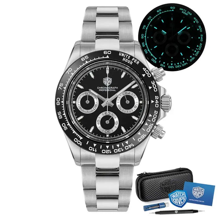 Watchdives WD16500 Chronograph VK63 Super Luminous Daytona Homage Watches Black Dial Watches - Watchdives