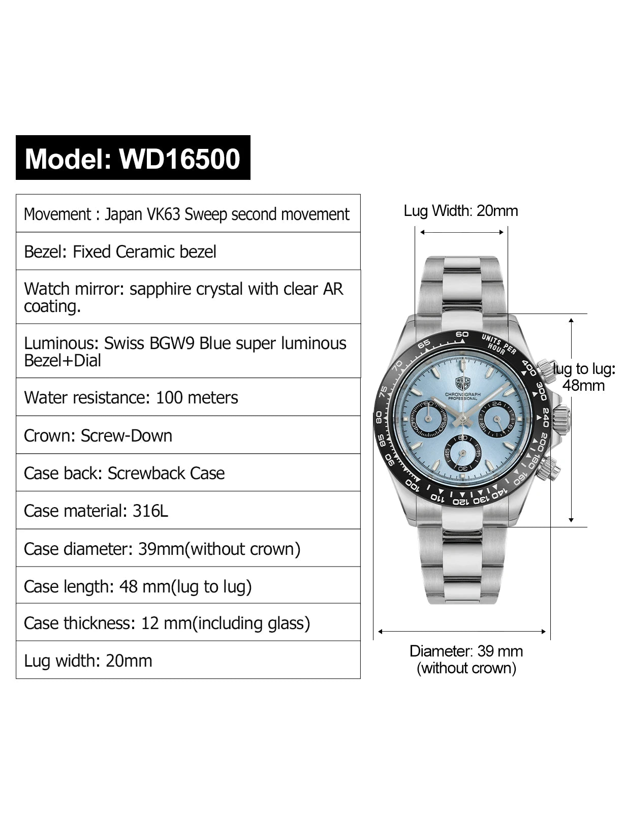 Watchdives WD16500 Chronograph VK63 Super Luminous Daytona Homage Watches Watches - Watchdives