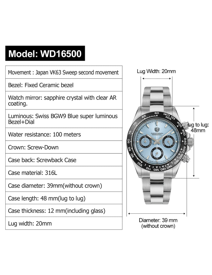 Watchdives WD16500 Chronograph VK63 Super Luminous Daytona Homage Watches Watches - Watchdives