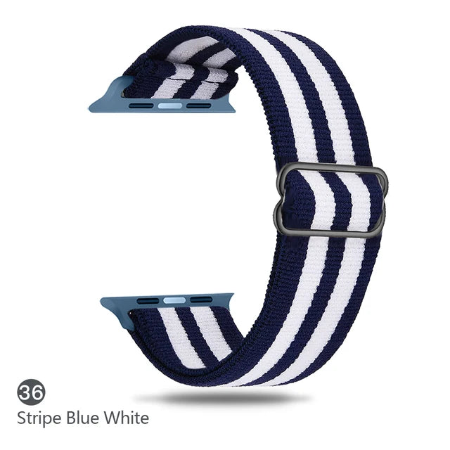 Scrunchie Adjustable Elastic Nylon Apple Watch Bands For All Series Blue white stripe - VivaStraps | Viva Timepiece