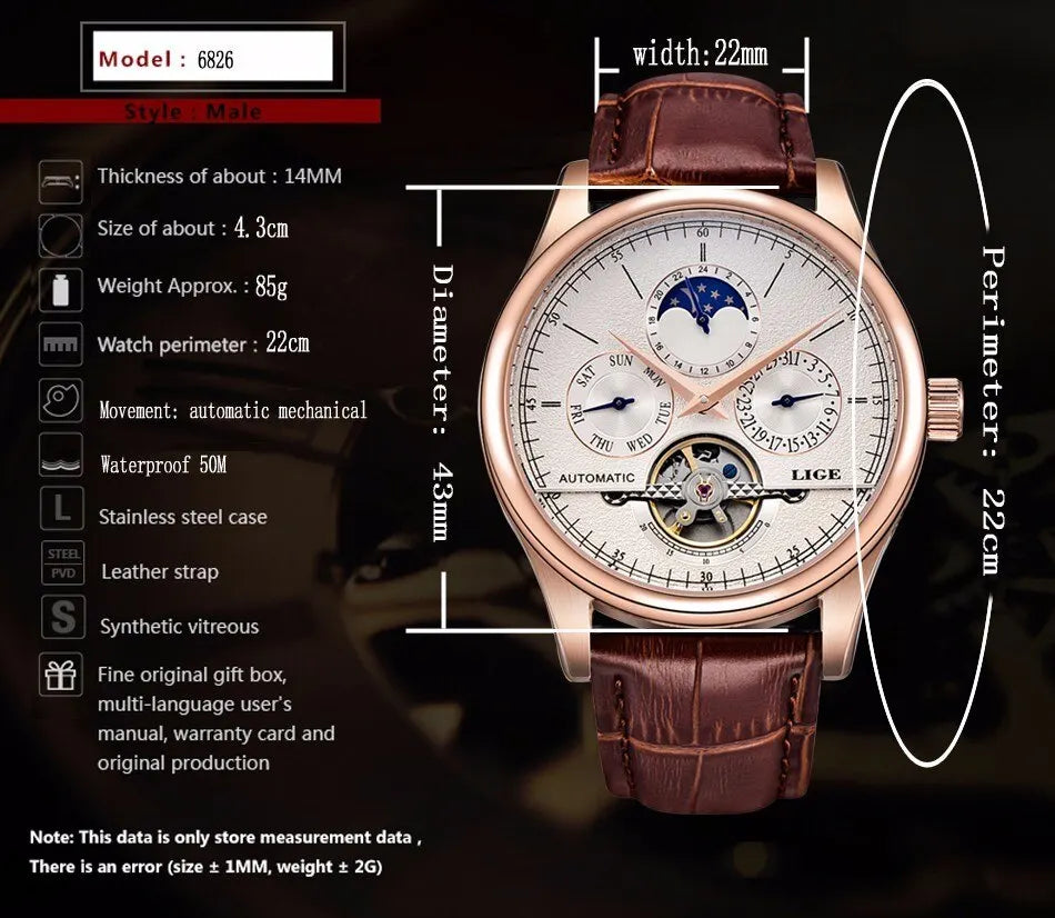 LIGE Men Automatic Tourbillon Leather Strap Watches