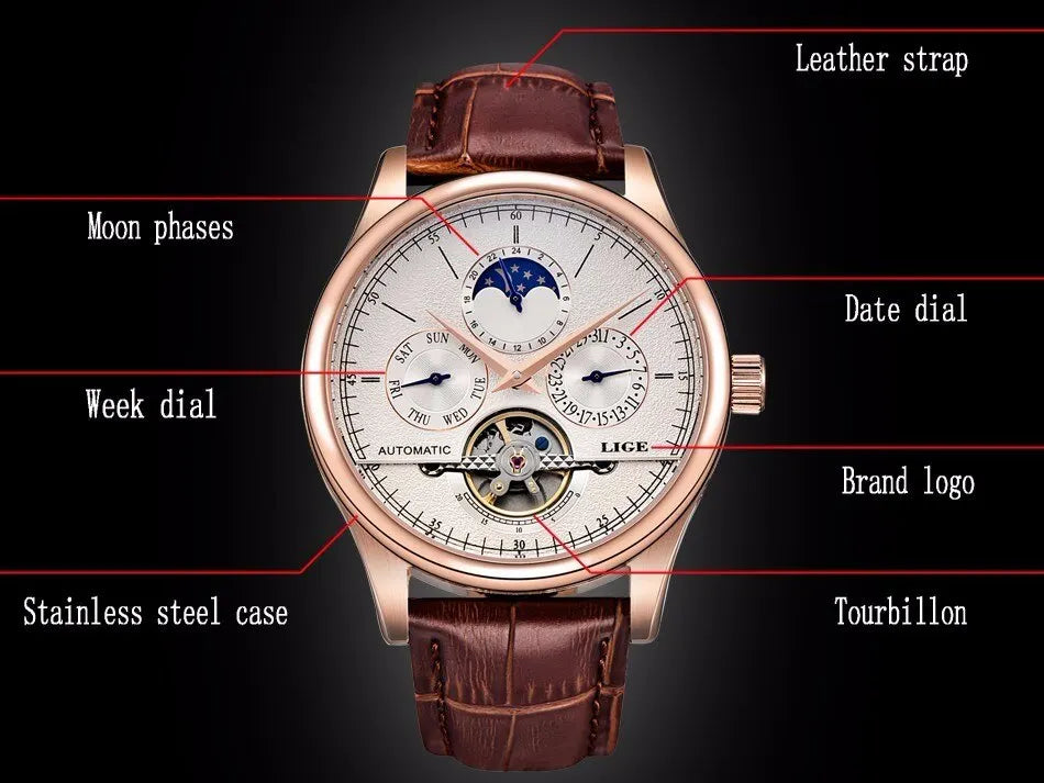 LIGE Men Automatic Tourbillon Leather Strap Watches