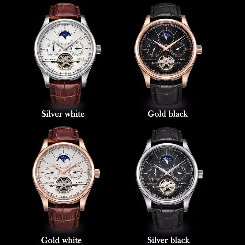 LIGE Men Automatic Tourbillon Leather Strap Watches