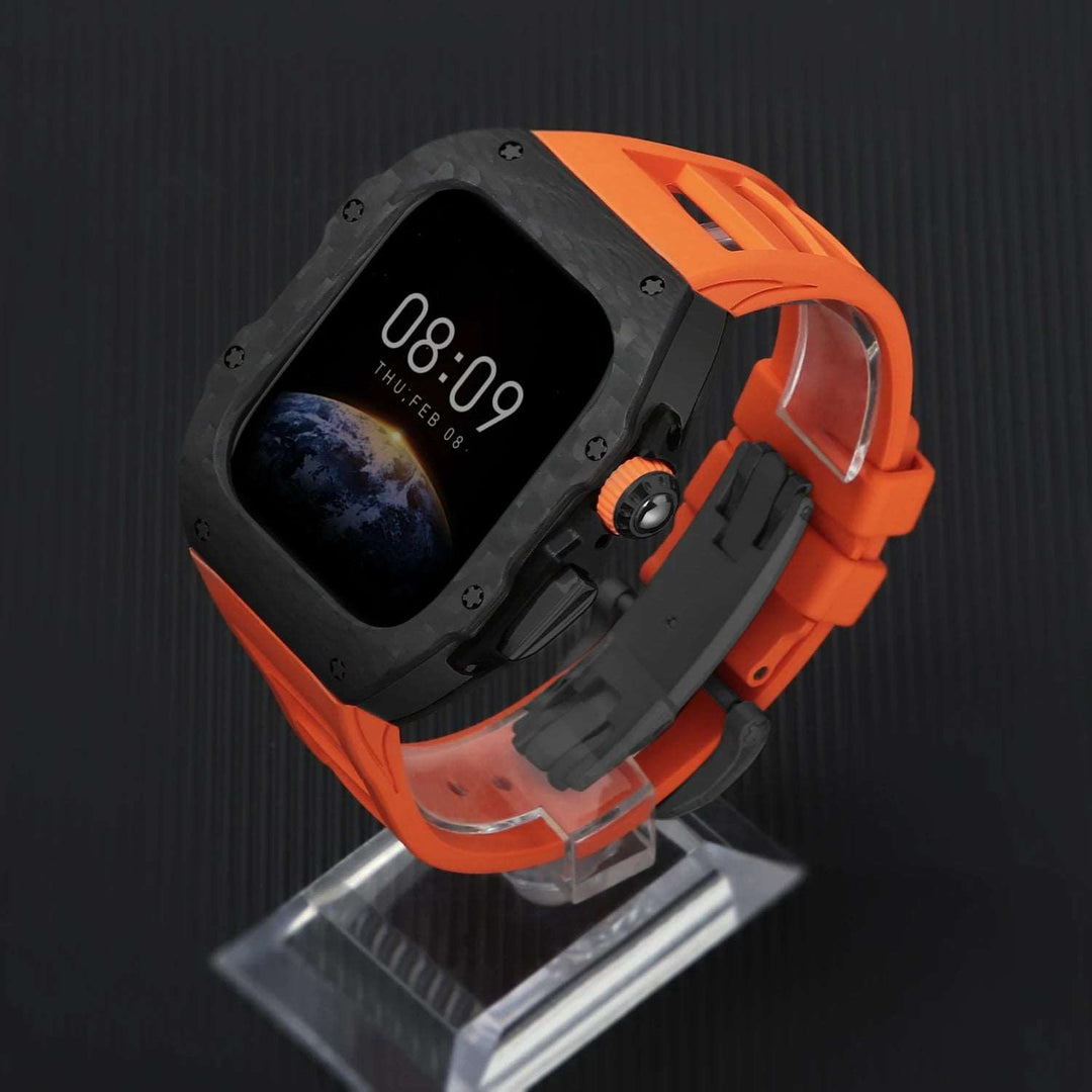 Luxury Carbon Fiber Case and Strap Mod Kit for Apple Watch Series 10 Black Orange Watch Accessories - Viva Timepiece