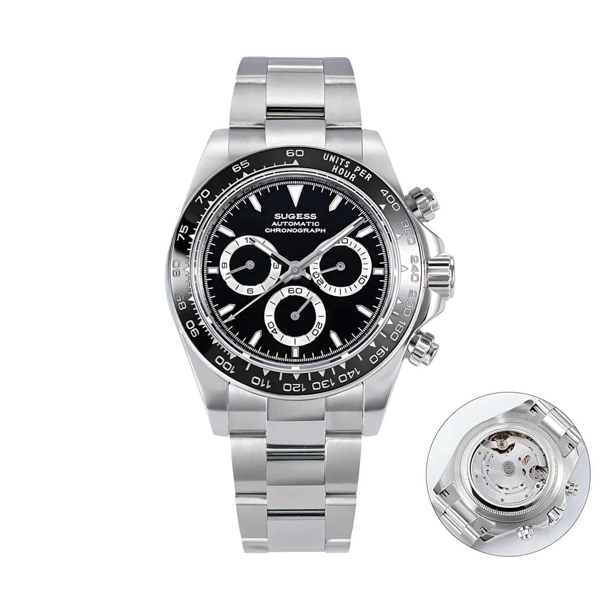 Sugess 39 Daytona Chronograph Ceramic Bezel Premium Homage Watches Black Dial DIS S418-2 Watches - Sugess