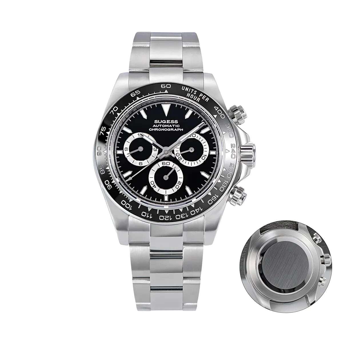 Sugess 39 Daytona Chronograph Ceramic Bezel Premium Homage Watches Black Dial SS S418-2 - Sugess | Viva Timepiece