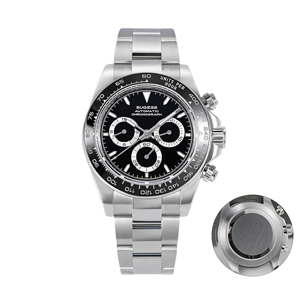 Sugess 39 Daytona Chronograph Ceramic Bezel Premium Homage Watches Black Dial SS S418-2 Watches - Sugess