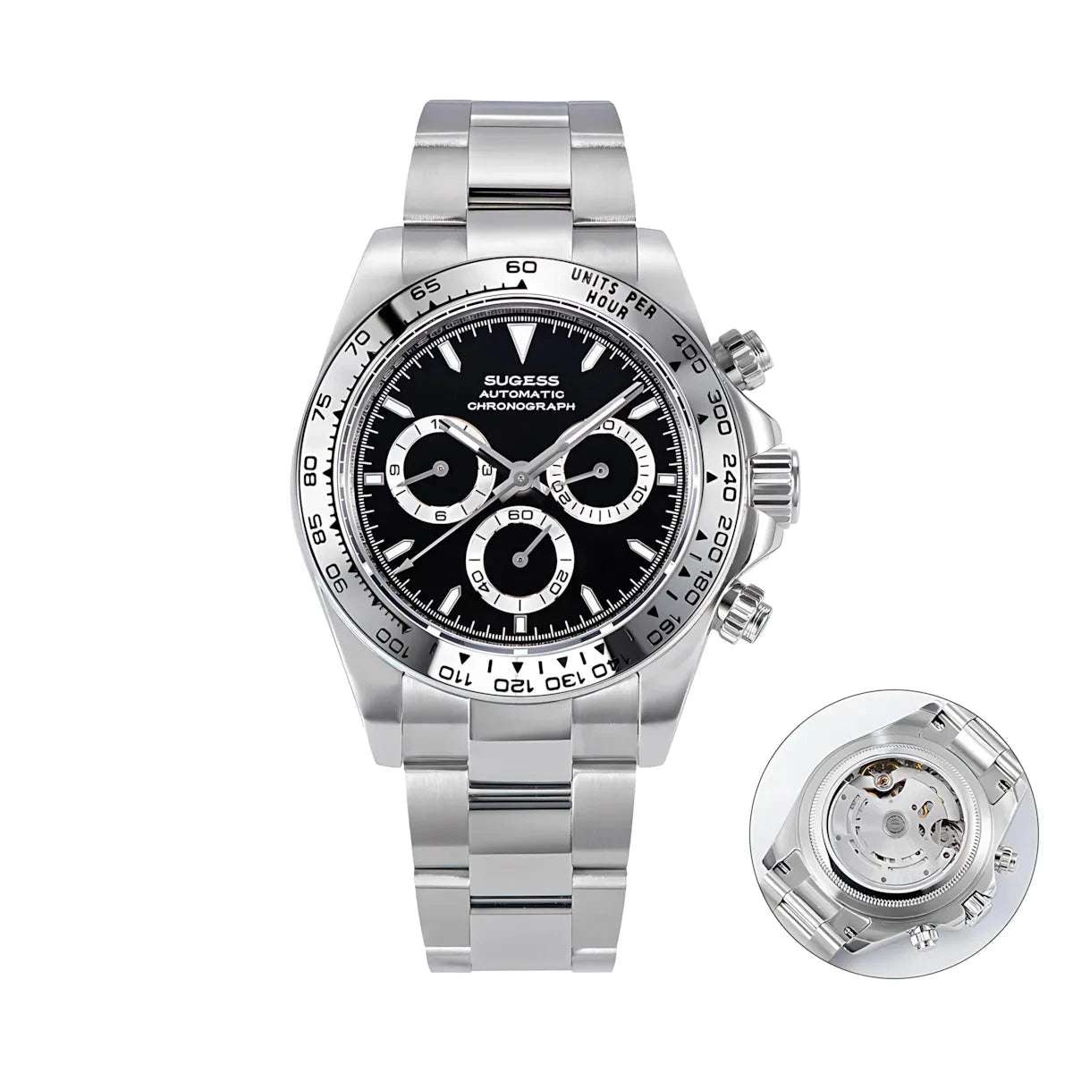 Sugess 39 Daytona Chronograph Ceramic Bezel Premium Homage Watches Black Steel DIS S418-2 - Sugess | Viva Timepiece