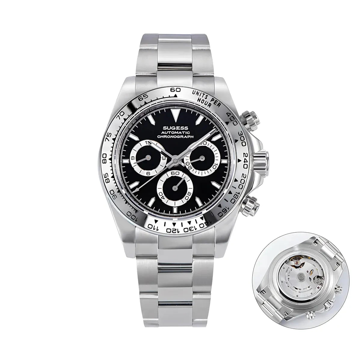 Sugess 39 Daytona Chronograph Ceramic Bezel Premium Homage Watches Black Steel DIS S418-2 Watches - Sugess