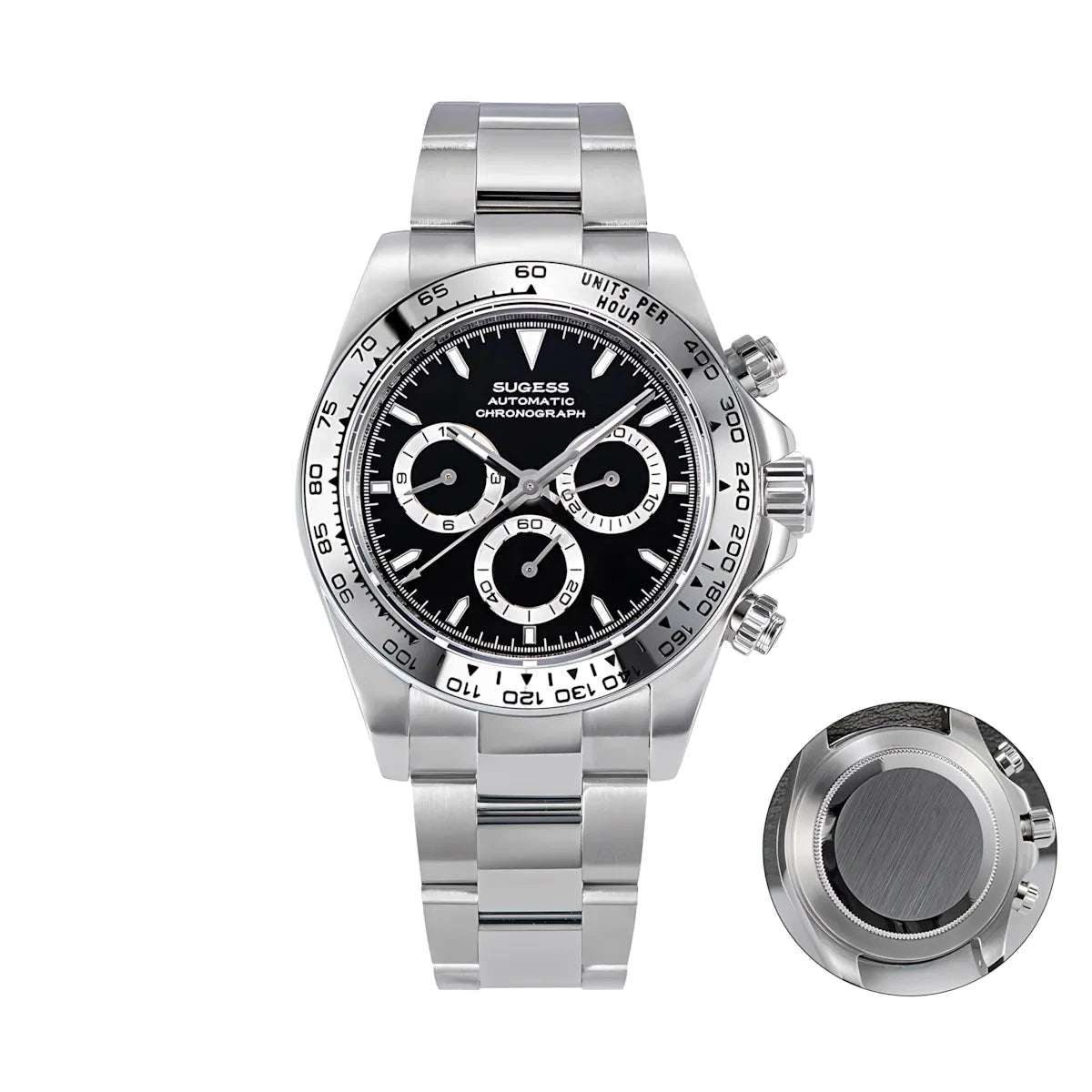 Sugess 39 Daytona Chronograph Ceramic Bezel Premium Homage Watches Black Steel SS S418-2 - Sugess | Viva Timepiece