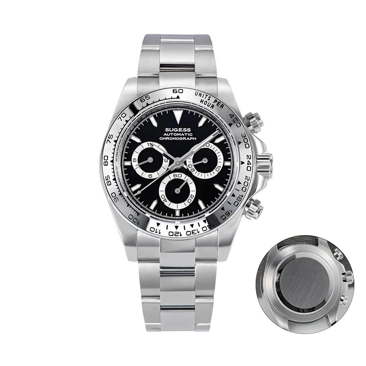 Sugess 39 Daytona Chronograph Ceramic Bezel Premium Homage Watches Black Steel SS S418-2 Watches - Sugess