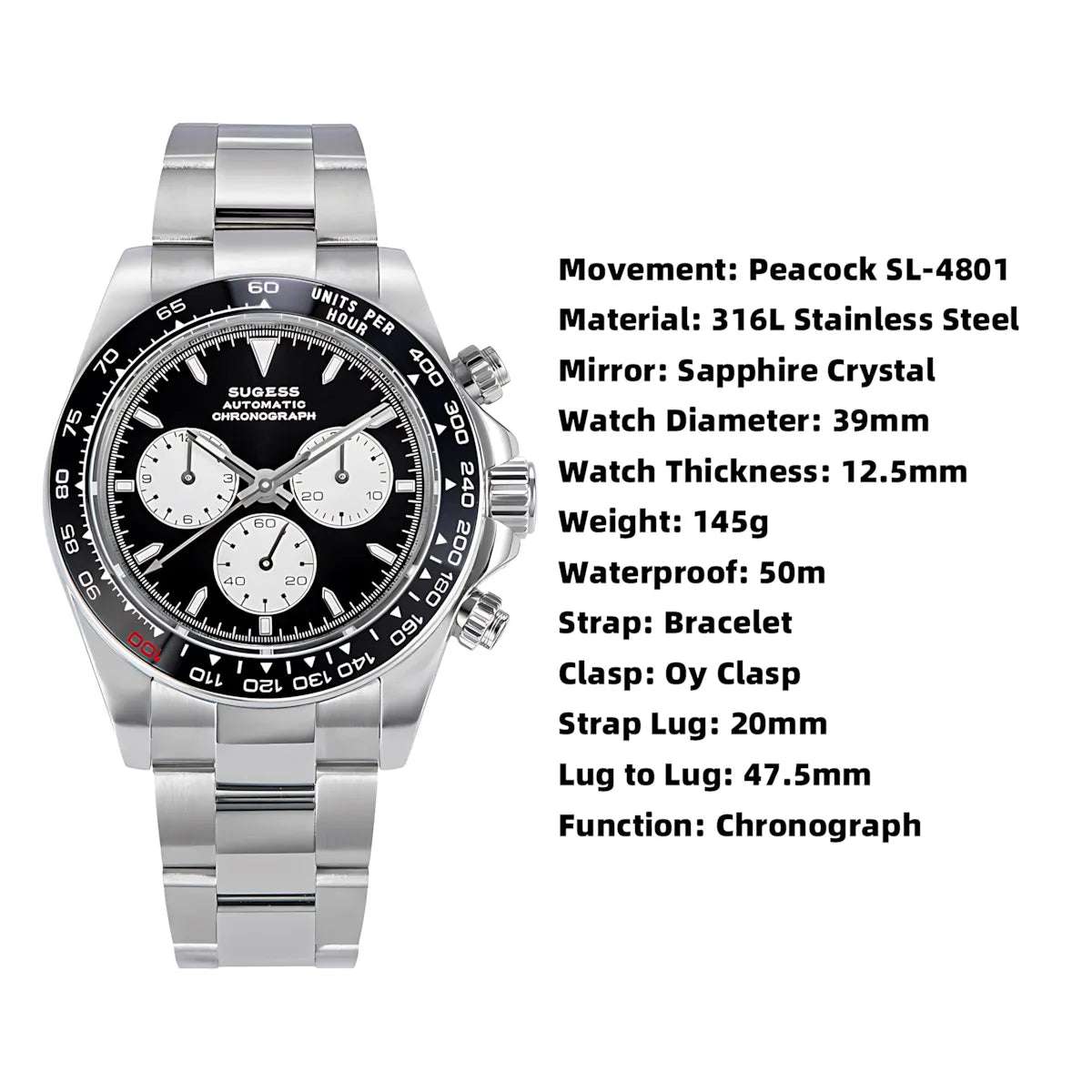 Sugess 39 Daytona Chronograph Ceramic Bezel Premium Homage Watches Watches - Sugess