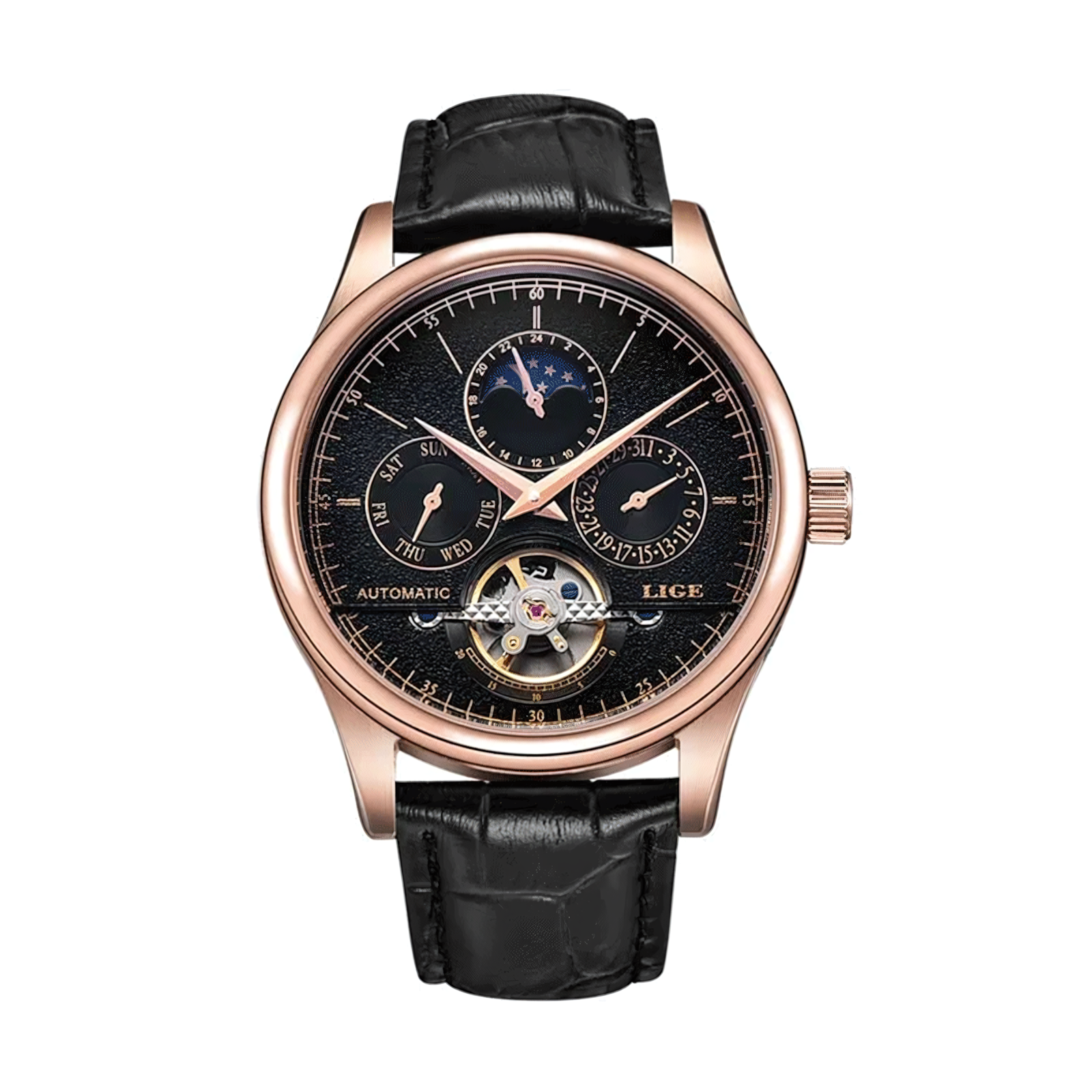 LIGE Men Automatic Tourbillon Leather Strap Watches