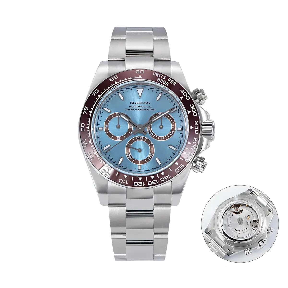 Sugess 39 Daytona Chronograph Ceramic Bezel Premium Homage Watches IceBlue w Brown DIS S418-2 Watches - Sugess