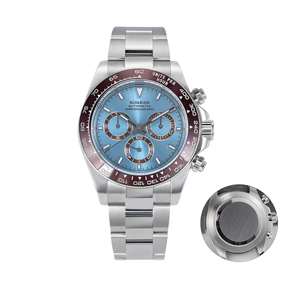 Sugess 39 Daytona Chronograph Ceramic Bezel Premium Homage Watches IceBlue w Brown SS S418-2 Watches - Sugess