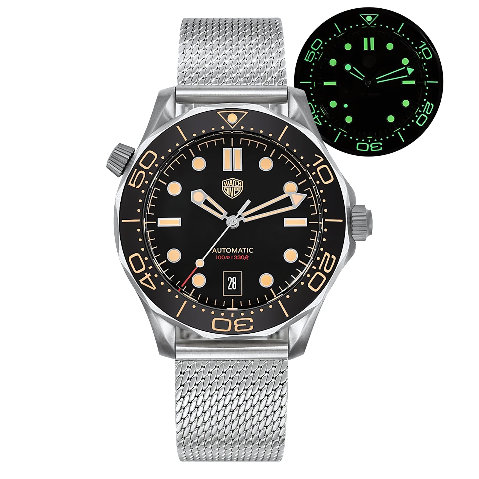 Watchdives 007 Seamaster Diver Automatic Homage Watches Watchdives Black 007 Retro Date Mesh Bracelet - B007-MB-D-7634820006003