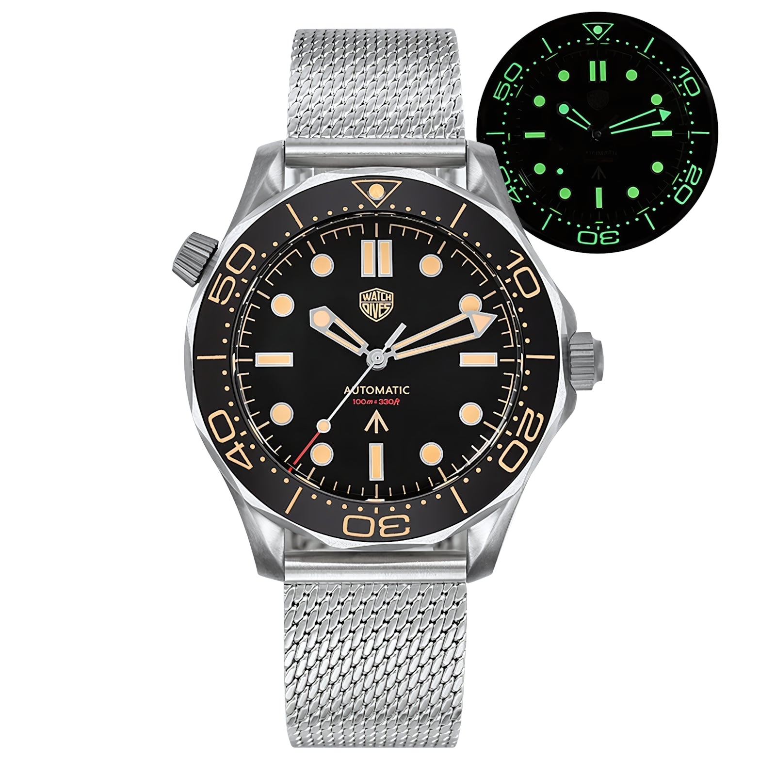 Watchdives 007 Seamaster Diver Automatic Homage Watches Watchdives Black 007 Retro No date Mesh Bracelet - B007-MB-ND-7634820006003