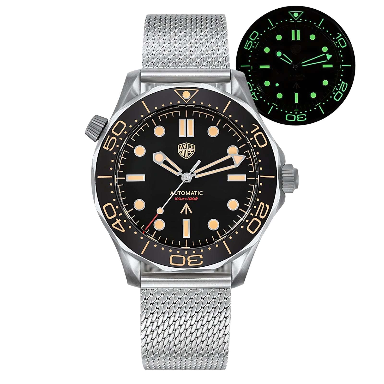 Watchdives 007 Seamaster Diver Automatic Homage Watches Black 007 Retro No date Mesh Bracelet Watches - Watchdives