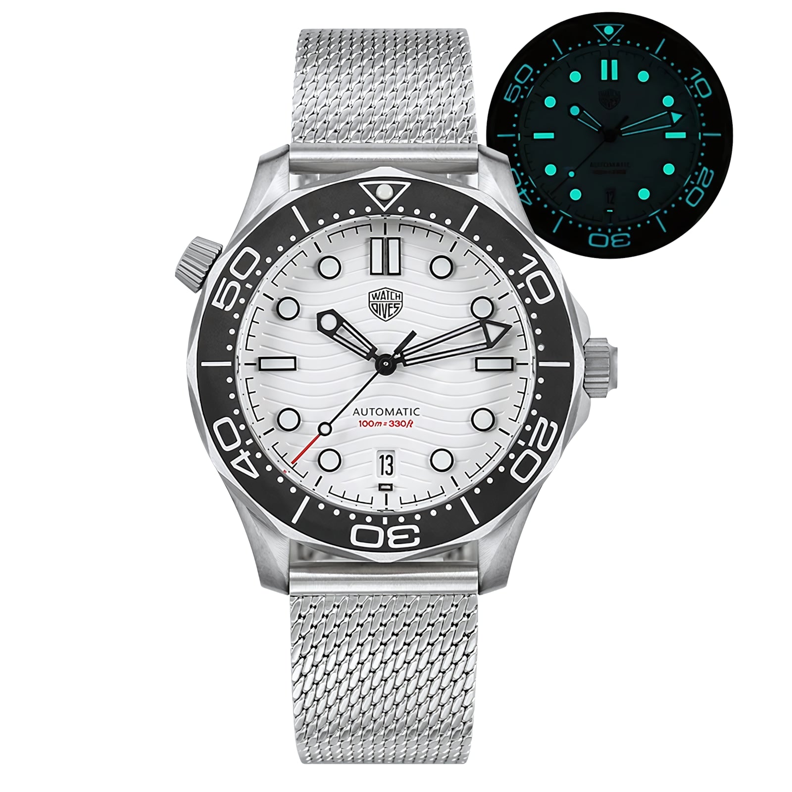 Watchdives 007 Seamaster Diver Automatic Homage Watches Watchdives White Date Mesh Bracelet - W-MB-D-7634820006003