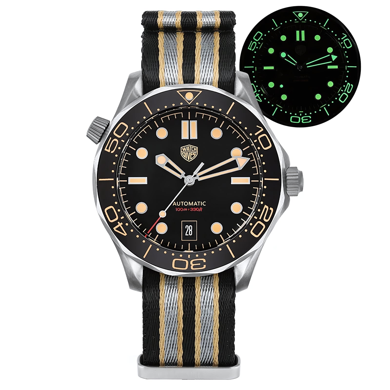 Watchdives 007 Seamaster Diver Automatic Homage Watches Watchdives Black 007 Retro Date Nato Strap - B007-NS-D-7634820006003